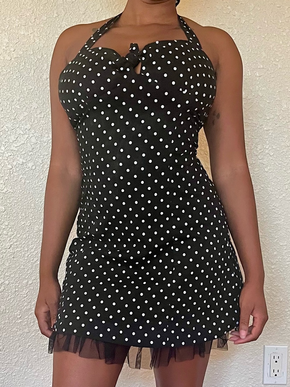 Vintage Y2K Black Polka Dot Halter Dress with Tulle Trim